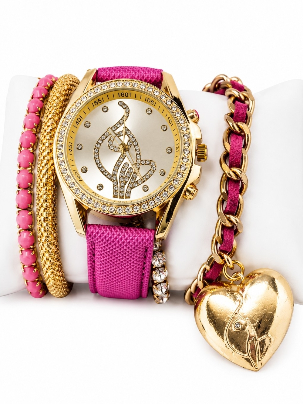 Baby Phat Pink & Gold Rhinestone Watch Bracelet Set In Box